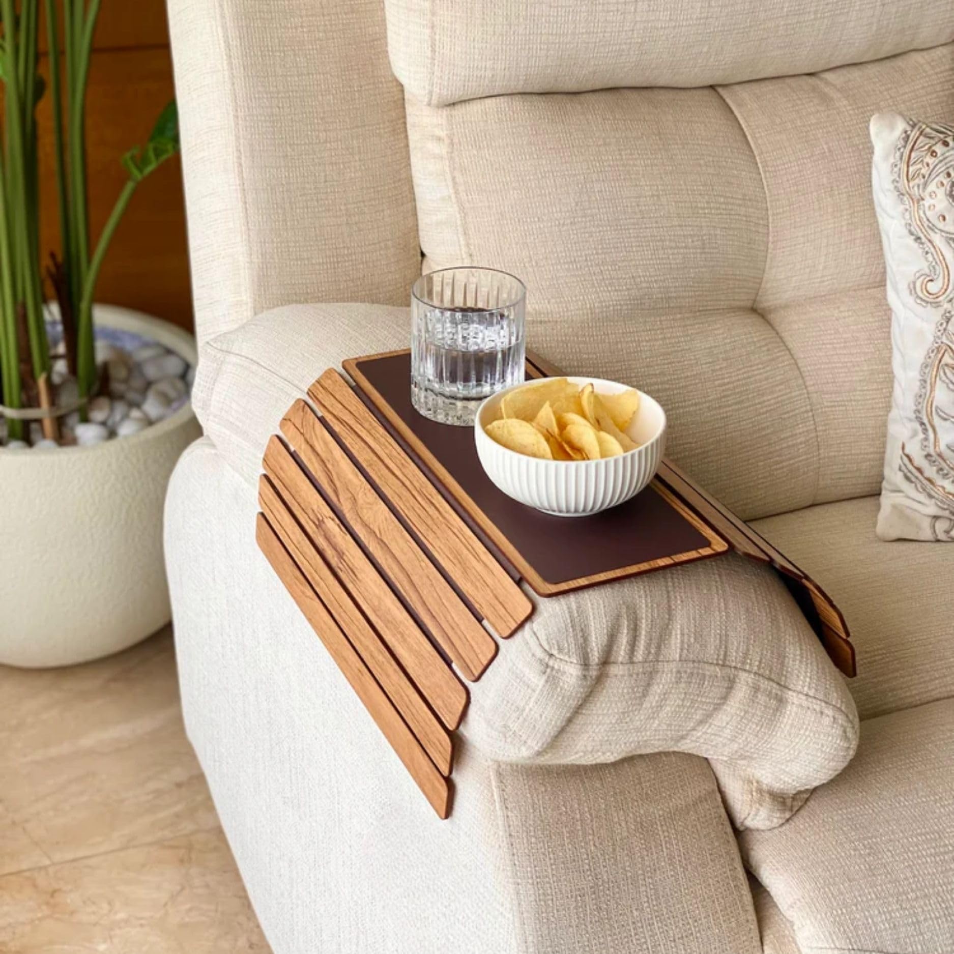 Mason Home Sofa Armrest Tray - Light Brown Full Grain Bamboo Wood With Anti Slip Pad | Dining Tray | Home & Office Dcor | Furnit